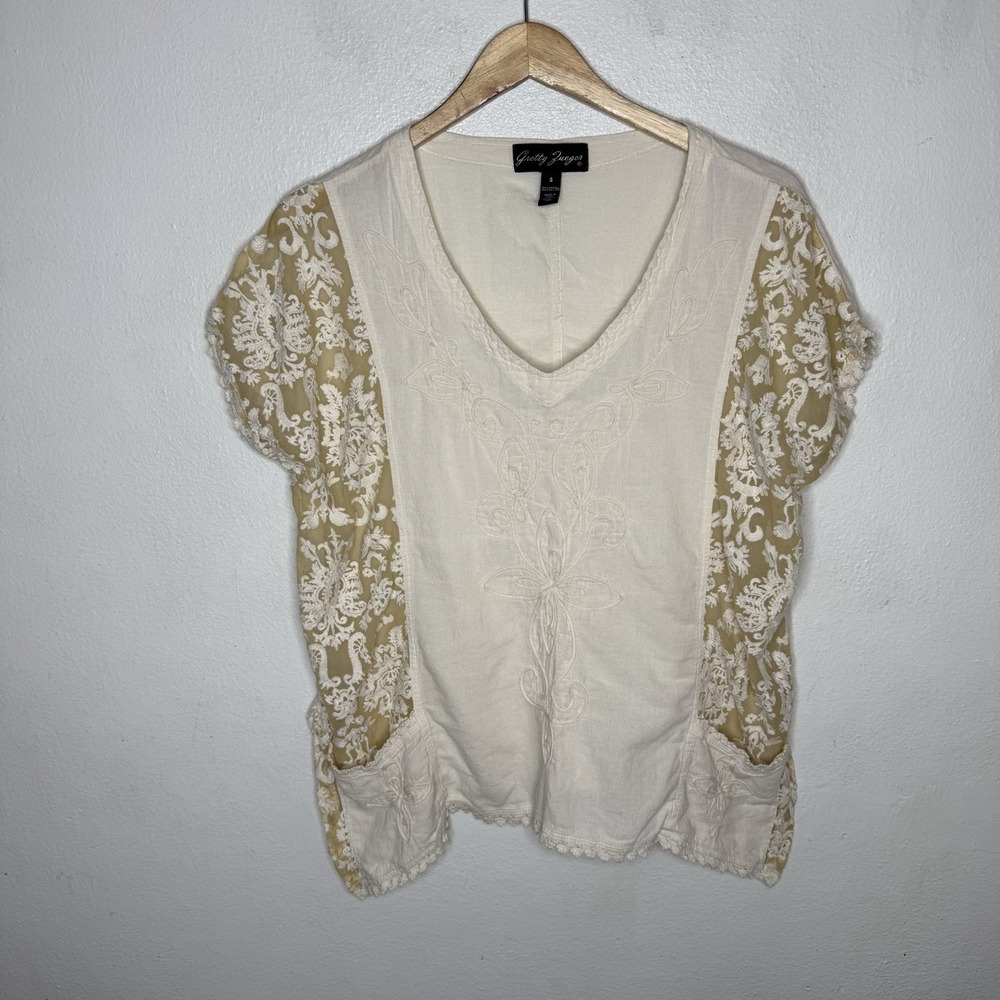 Gretty Zeuger Beige Embroidered T-Shirt Top Cottagecore Boho Womens Small